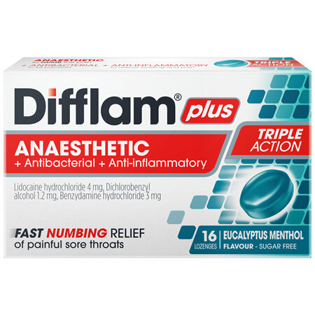 Difflam Plus Sore Throat Anaesthetic Lozenges Eucalyptus Menthol Flavour 16 Pack