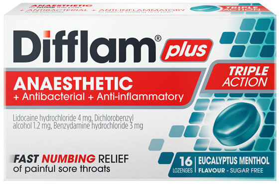 Difflam Plus Sore Throat Anaesthetic Lozenges Eucalyptus Menthol Flavour 16 Pack