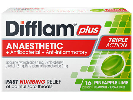 Difflam Plus Sore Throat Anaesthetic Lozenges Pineapple Lime 16 Pack