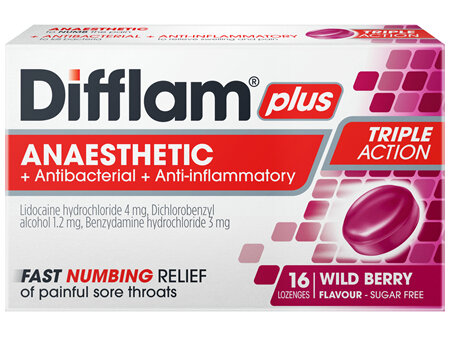 Difflam Plus Sore Throat Anaesthetic Lozenges Wild Berry Flavour 16 Pack