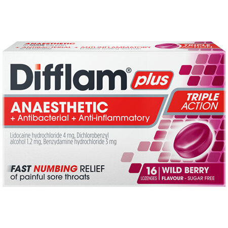 Difflam Plus Sore Throat Anaesthetic Lozenges Wild Berry Flavour 16 Pack