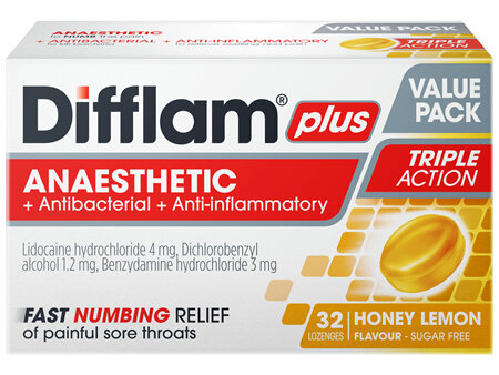 Difflam Plus Sore Throat Lozenges Honey Lemon Flavour Value pack 32 