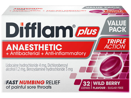 Difflam Plus Sore Throat Lozenges Wild Berry Value pack 32s  