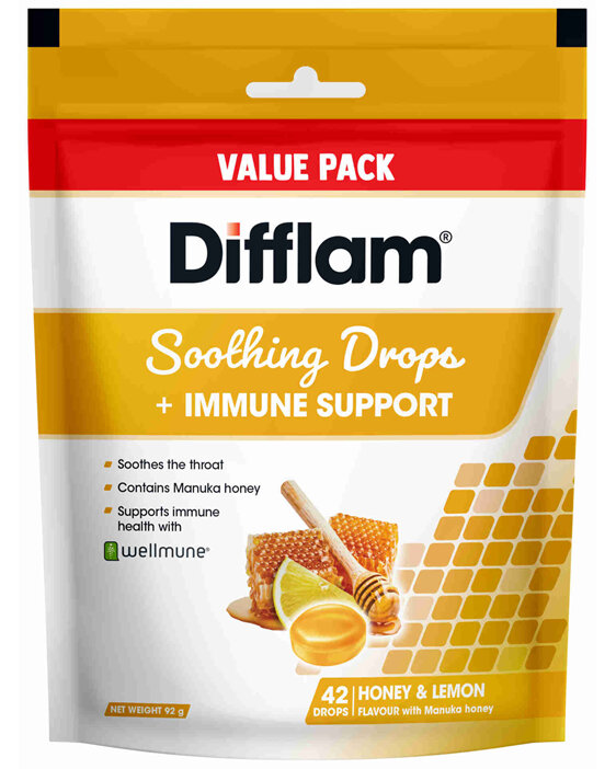 Difflam Soothing Throat Drops + Immune Support Honey & Lemon Flavour Value Pack 42 Drops