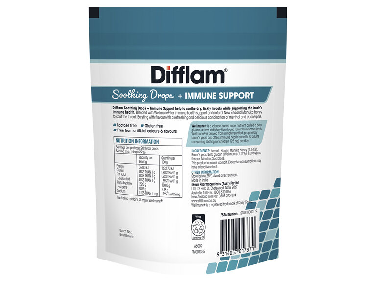 Difflam Soothing Throat Drops + Immune Support Menthol Eucalyptus Flavour 20 Drops