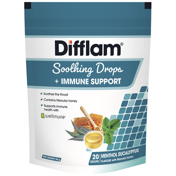 Difflam Soothing Throat Drops + Immune Support Menthol Eucalyptus flavour 20 Drops