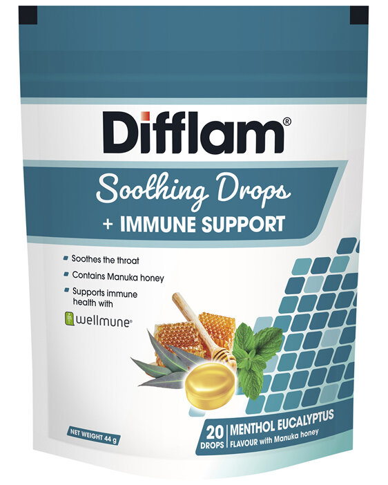 Difflam Soothing Throat Drops + Immune Support Menthol Eucalyptus flavour 20 Drops