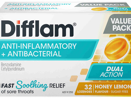 Difflam Sore Throat Lozenge Dual Action Honey & Lemon Flavour Value Pack 32 Lozenges