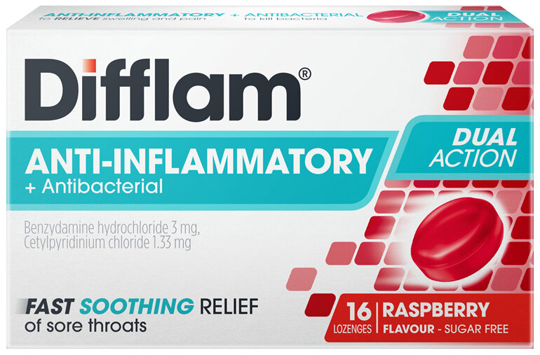 Difflam Sore Throat Lozenges Sugar Free Raspberry Flavour 16 Pack