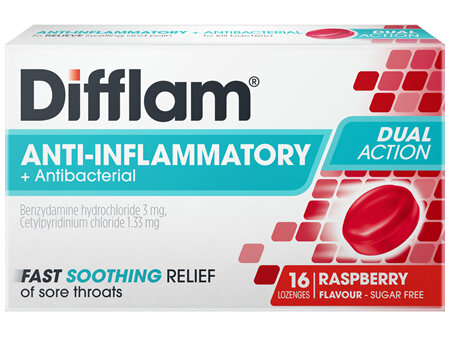 Difflam Sore Throat Lozenges Sugar Free Raspberry Flavour 16 Pack