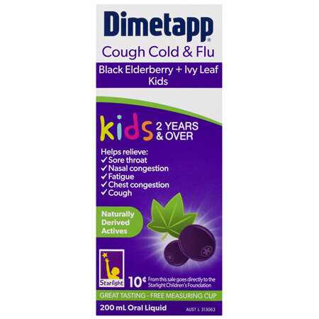 Dimetapp Cough Cold & Flu Black Elderberry + Ivy Leaf Kids 2 Years & Over 200mL