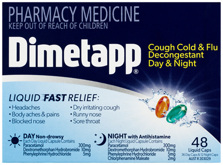 Dimetapp Cough Cold & Flu Decongestant Day & Night Liquid Caps 48 Pack