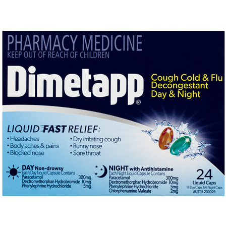 Dimetapp Cough Cold & Flu Decongestant Day & Night Liquid Caps 24 Pack