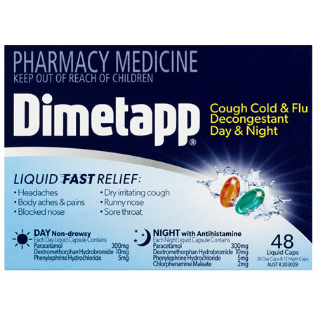 Dimetapp Cough Cold & Flu Decongestant Day & Night Liquid Caps 48 Pack