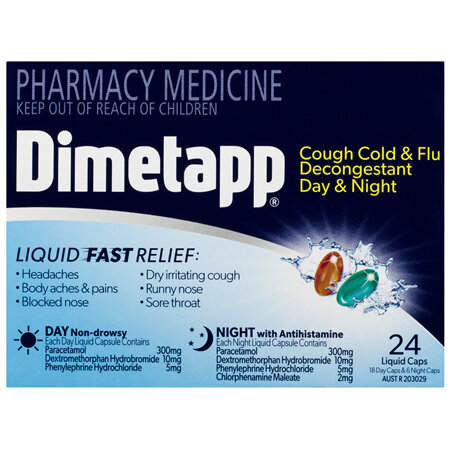 Dimetapp Cough Cold & Flu Decongestant Day & Night Liquid Caps 24 Pack