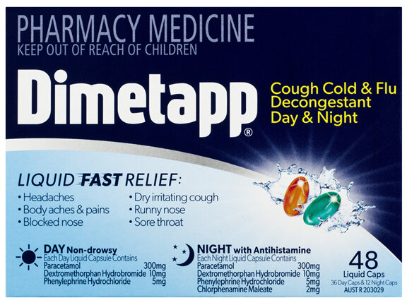 Dimetapp Cough Cold & Flu Decongestant Day & Night Liquid Caps 48 Pack