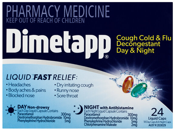 Dimetapp Cough Cold & Flu Decongestant Day & Night Liquid Caps 24 Pack