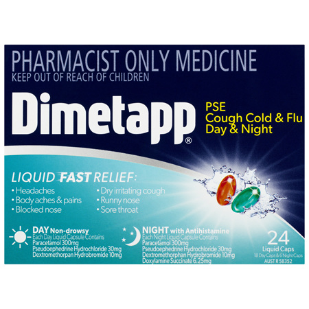 Dimetapp PSE Cough Cold & Flu Day & Night Liquid Caps 24 Pack