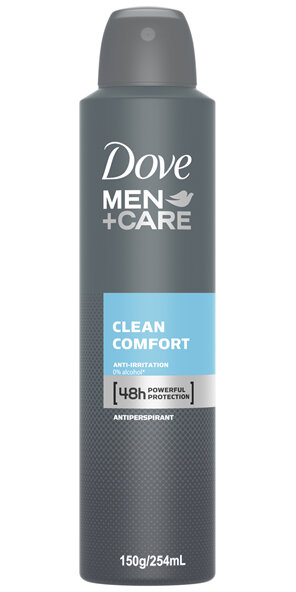 DOVE Men+Care Antiperspirant Aerosol Deodorant Clean Comfort helps fight sweat and odour for up to