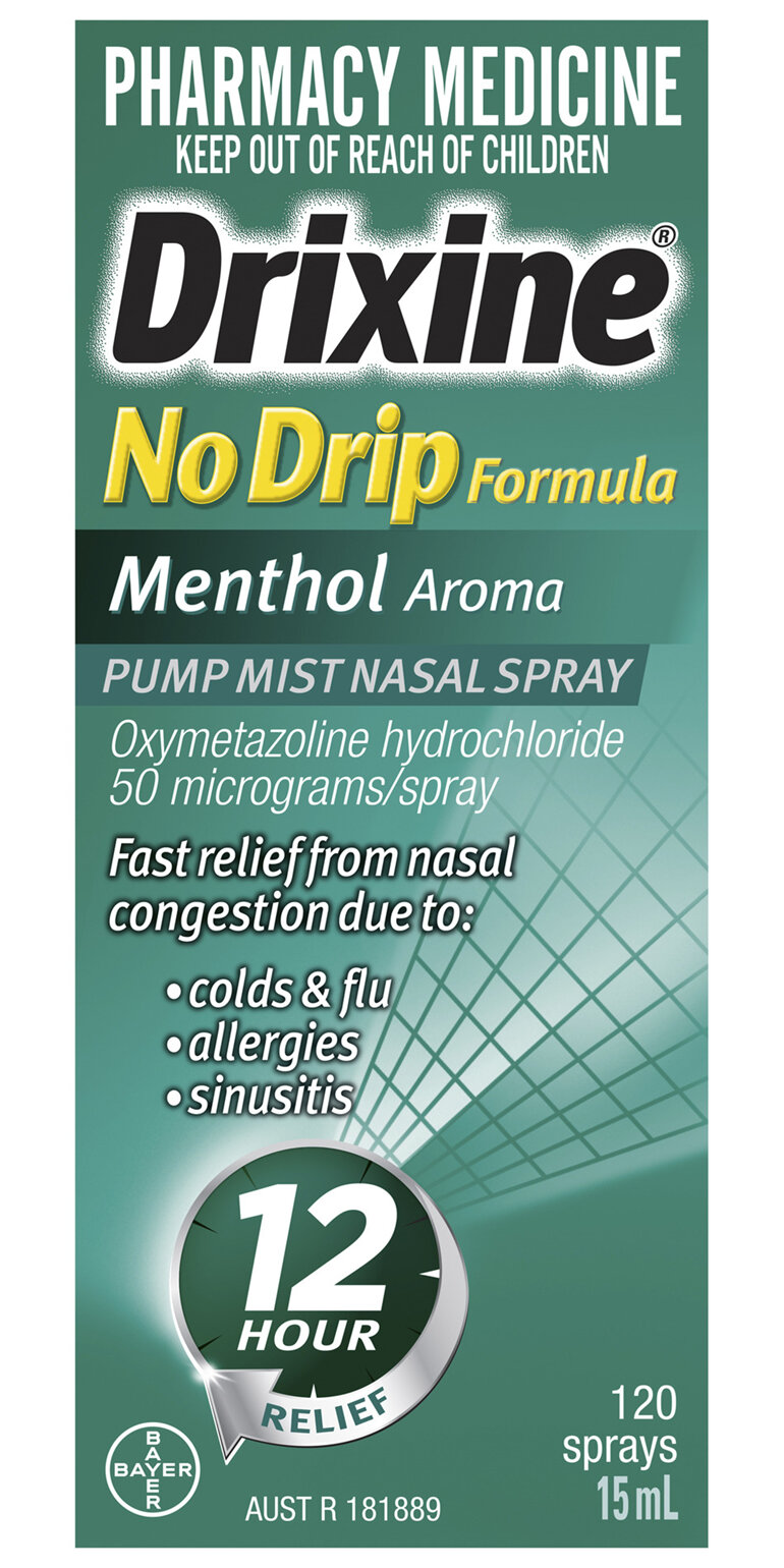 Drixine 12 Hour Relief No Drip Formula Menthol Aroma Pump Mist Nasal Spray 15ml