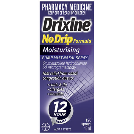 Drixine 12 Hour Relief No Drip Formula Moisturising Pump Mist Nasal Spray 15mL