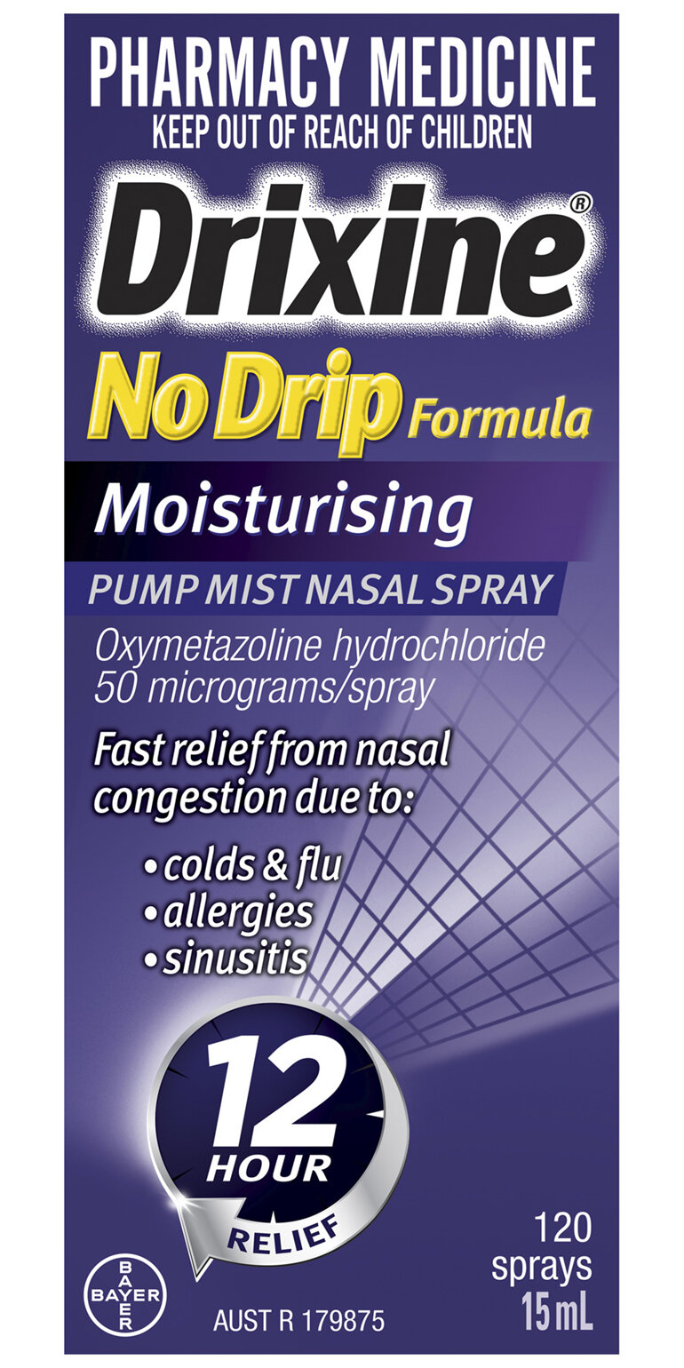 Drixine 12 Hour Relief No Drip Formula Moisturising Pump Mist Nasal Spray 15mL