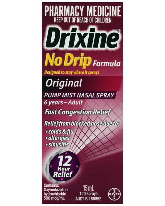 Drixine 12 Hour Relief No Drip Formula Original Pump Mist Nasal Spray 15ml