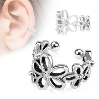 Flower with Clear CZ Rhodium Plated Brass Non-Piercing Ear Cuff