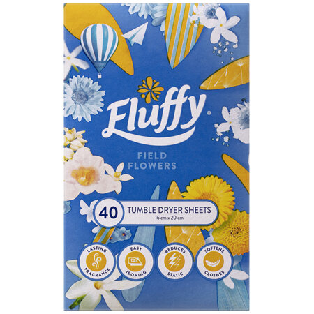 Fluffy Tumble Dryer Sheets, 40 Pack, Field Flowers, Long Lasting Fragrance