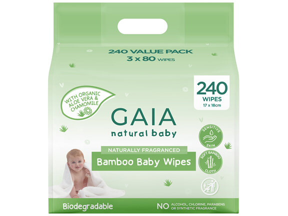 GAIA Natural Baby Bamboo Baby Wipes 3 x 80 Pack
