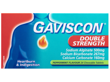 Gaviscon Double Strength Chewable Tablets Peppermint Heartburn & Indigestion Relief 500mg 24 Pack
