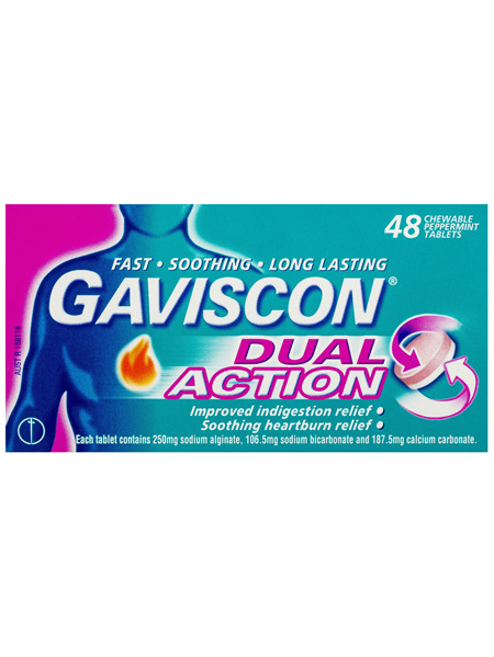 Gaviscon Dual Action Chewable Tablets Heartburn and Indigestion Relief Peppermint 48 Pack