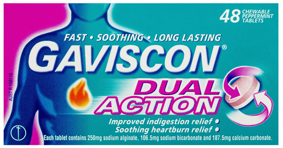 Gaviscon Dual Action Chewable Tablets Heartburn and Indigestion Relief Peppermint 48 Pack