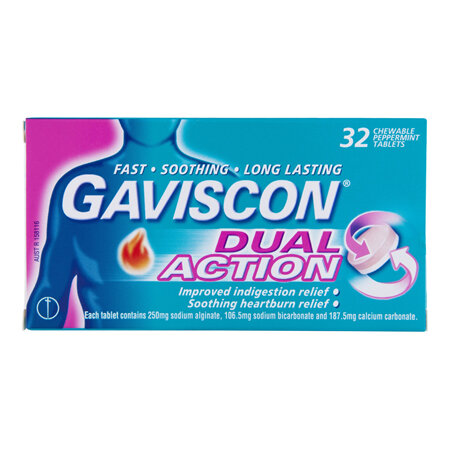 Gaviscon Dual Action Chewable Tablets Peppermint Heartburn & Indigestion Relief 32 Pack