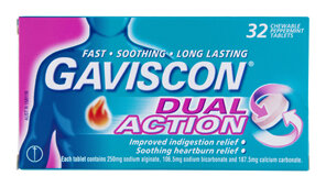 Gaviscon Dual Action Chewable Tablets Peppermint Heartburn & Indigestion Relief 32 Pack