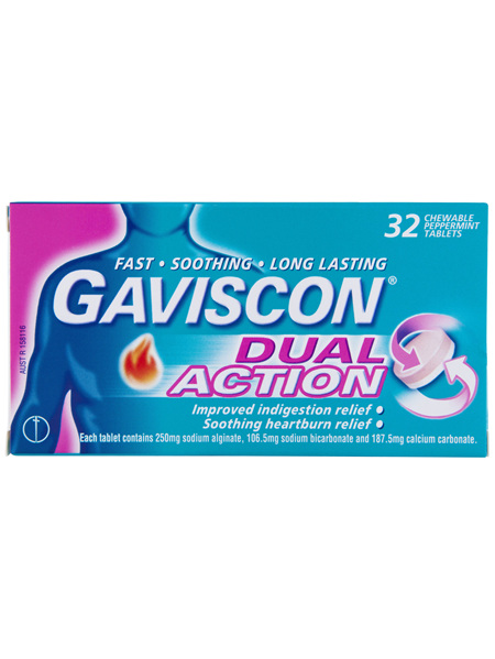 Gaviscon Dual Action Chewable Tablets Peppermint Heartburn & Indigestion Relief 32 Pack