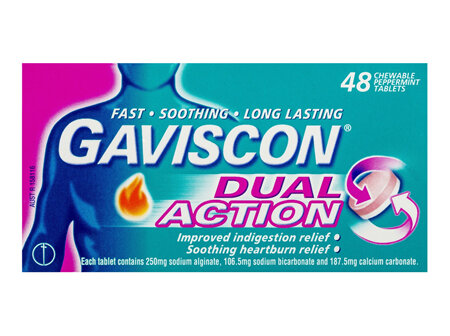 Gaviscon Dual Action Chewable Tablets Peppermint Heartburn & Indigestion Relief 48 Pack