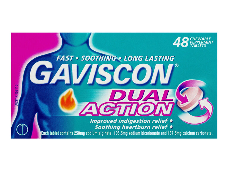 Gaviscon Dual Action Chewable Tablets Peppermint Heartburn & Indigestion Relief 48 Pack
