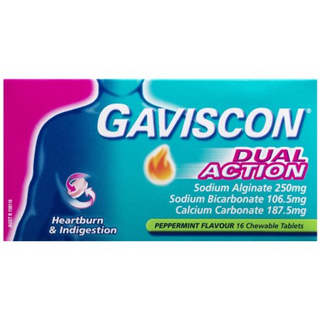 Gaviscon Dual Action Chewable Tablets Peppermint Heartburn & Indigestion Relief 16 Pack