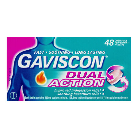 Gaviscon Dual Action Chewable Tablets Peppermint Heartburn & Indigestion Relief 48 Pack