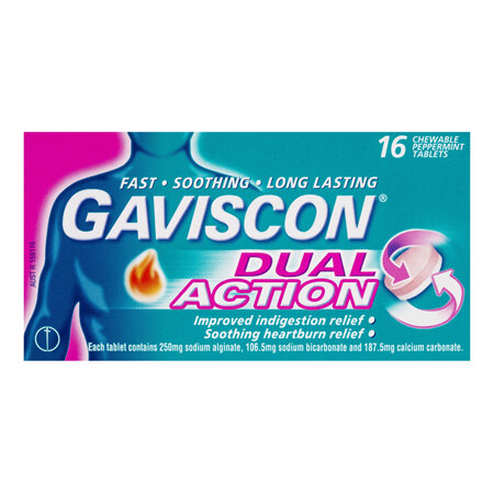 Gaviscon Dual Action Chewable Tablets Peppermint Heartburn & Indigestion Relief 16 Pack