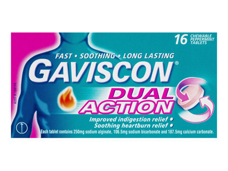 Gaviscon Dual Action Chewable Tablets Peppermint Heartburn & Indigestion Relief 16 Pack