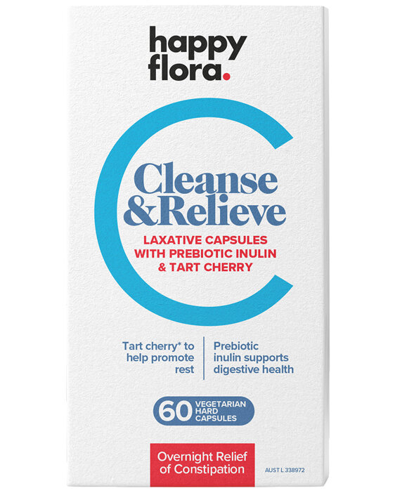 Happy Flora Cleanse & Relieve Laxative Capsules with Prebiotic Inulin & Tart Cherry 60 pack