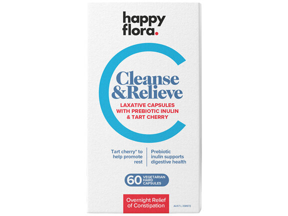 Happy Flora Cleanse & Relieve Laxative Capsules with Prebiotic Inulin & Tart Cherry 60 pack