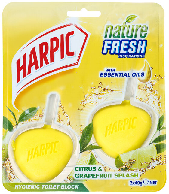 Harpic Nature Fresh Hygienic Toilet Block Cleaner Citrus & Grapefruit 40g x2 Pack