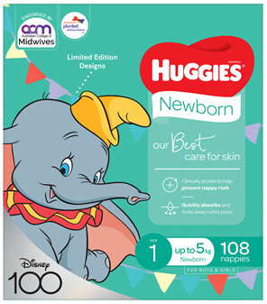 Huggies Newborn Nappies for Boys & Girls Size 1 (up to 5kg) 108 Pack