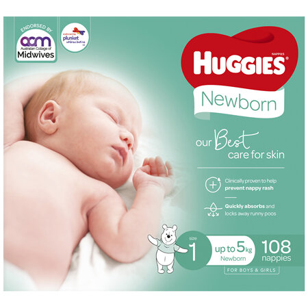 Huggies Newborn Nappies for Boys & Girls Size 1 (up to 5kg) 108 Pack (NZ)