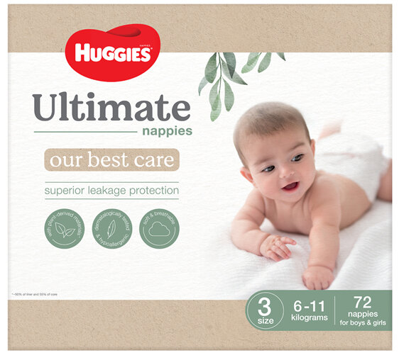 Huggies Ultimate Pure Care Nappies Size 3 (6-11kg) 72 Pack