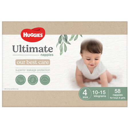 Huggies Ultimate Pure Care Nappies Size 4 (10-15kg) 58 Pack