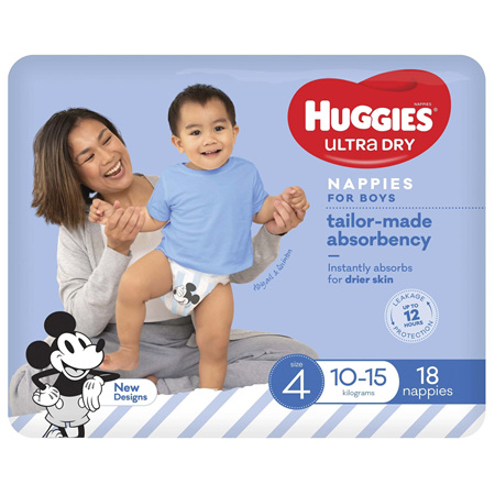 Huggies Ultra Dry Nappies Boys Size 4 (10-15kg) 18 Pack